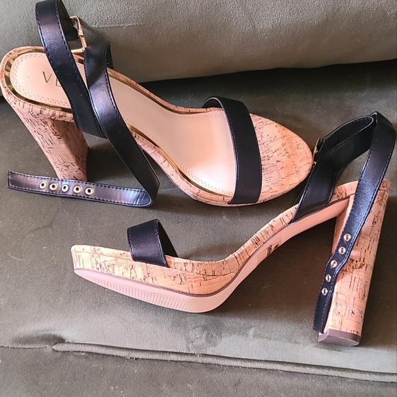 Venus cork black strappy heels new - Picture 1 of 6